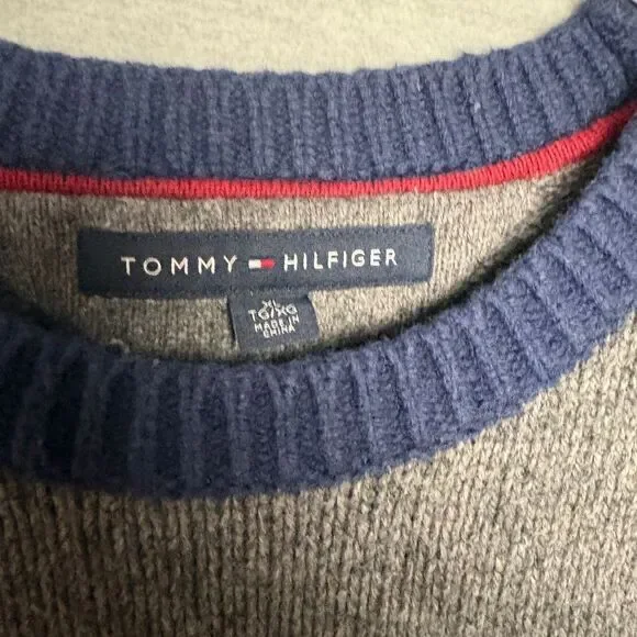 Tommy Hilfiger Sweater‎ Crewneck Flag Logo Pullover Knit Gray XL Men
